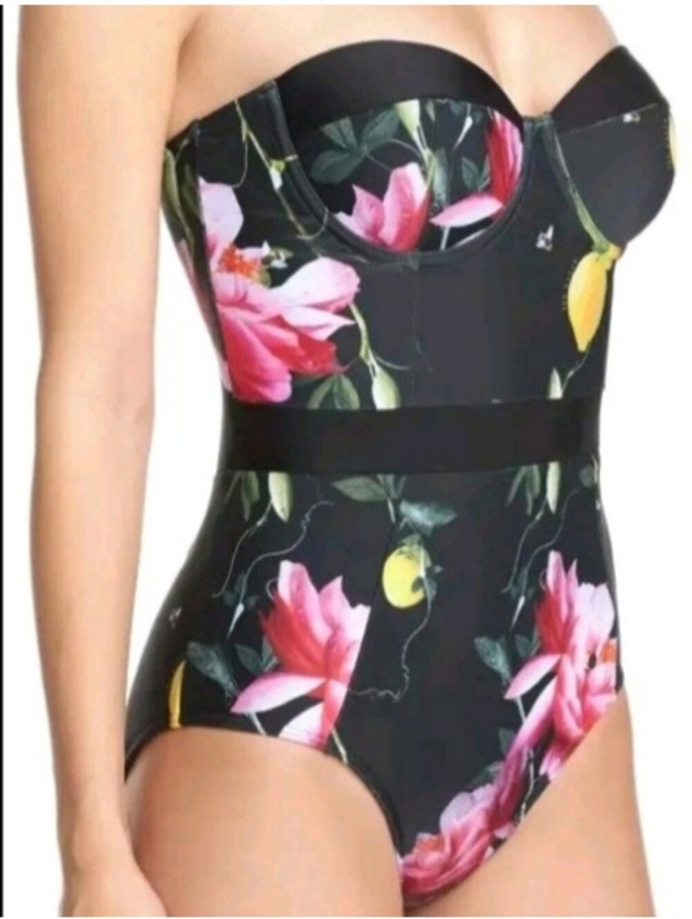Ted Baker London One Piece Swimsuit Black Floral Lemon Print Underwire Bustier - Picture 14 of 14